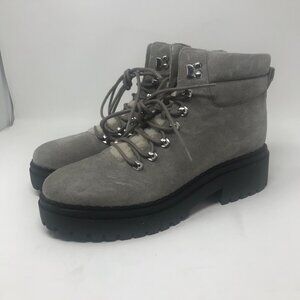 Marc Fisher Nairy Lace Up Ankle Boots Hiker Combat Leather Fur Grey Size 9.5M